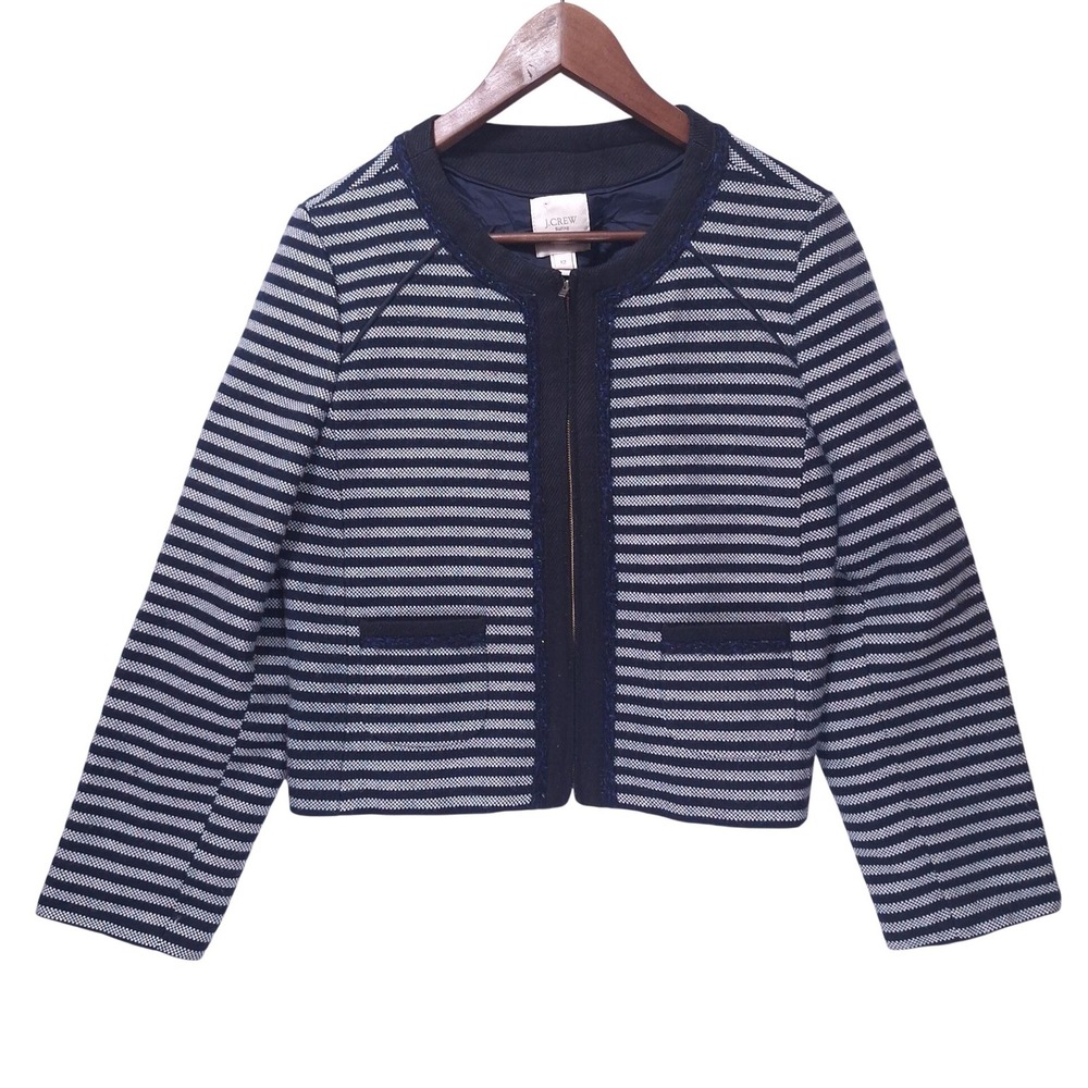 J.Crew Factory Striped Tweed Cropped Blazer Sz 12 Zip Jacket Navy Career Preppy‎ - Picture 2 of 13